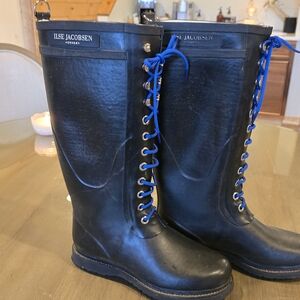 Ilse Jacobsen Black Rain Boots with Blue Laces